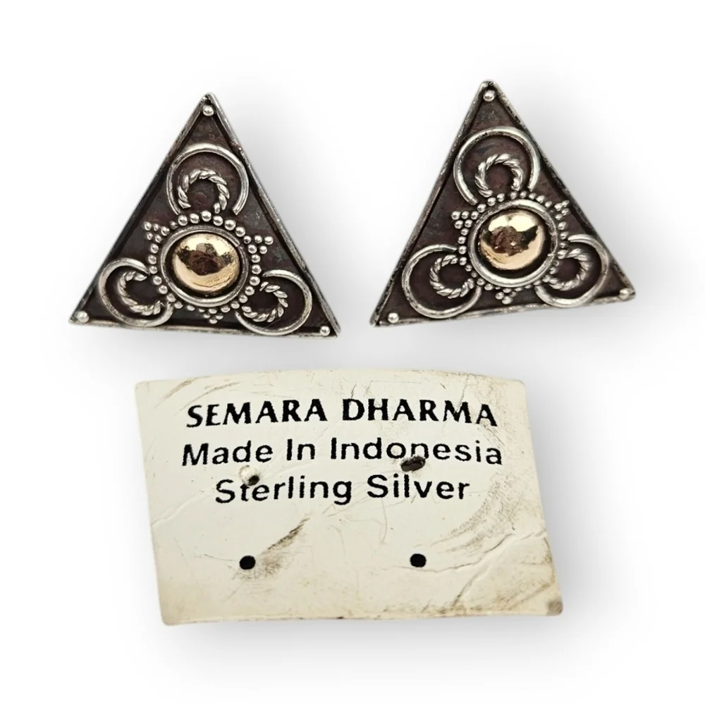 Bali Sterling Triangle Post Earrings Beaded Filigree Semara Dharma 925 Silver